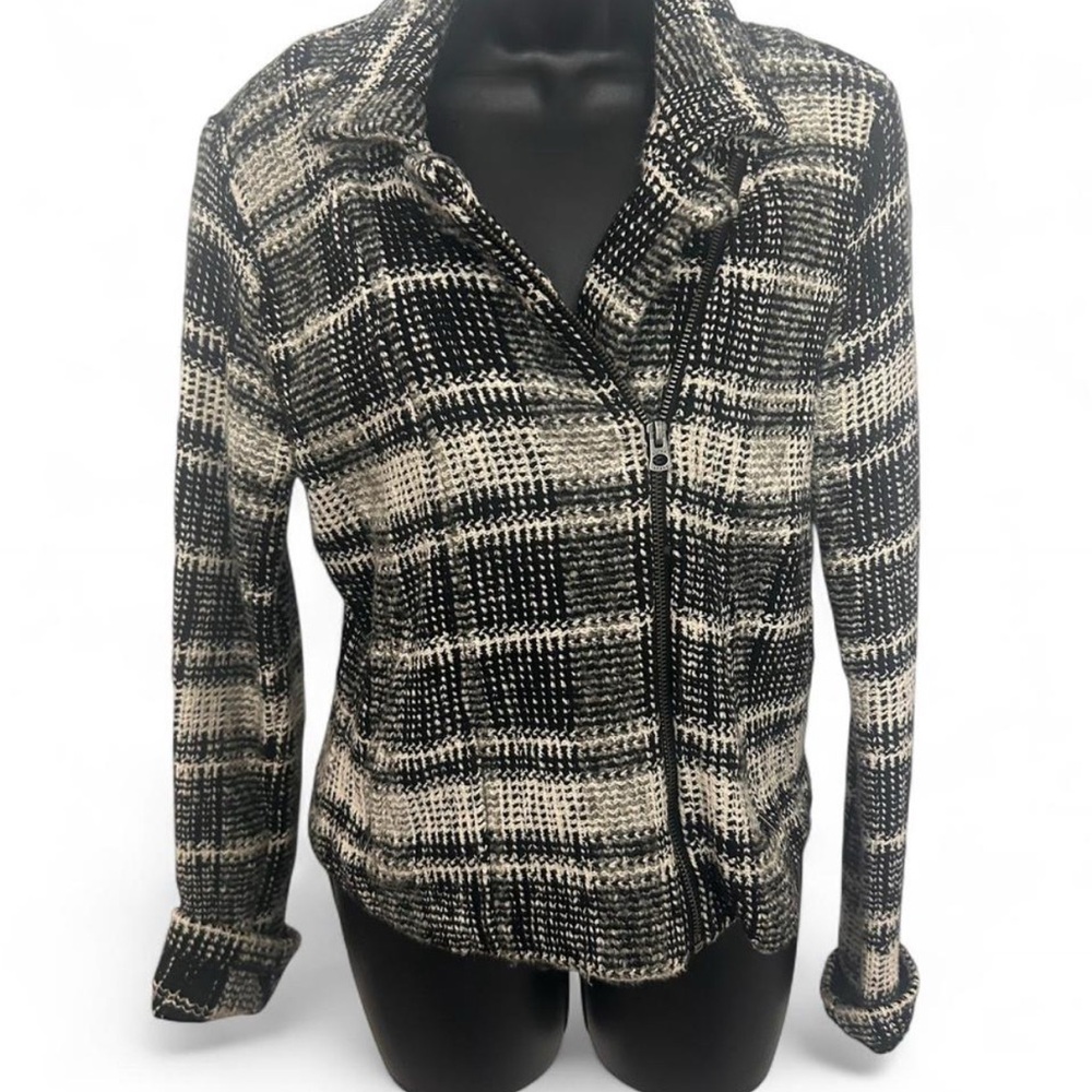 Lucky Brand Black & White Plaid Zip-Up Moto Jacket Size Small
